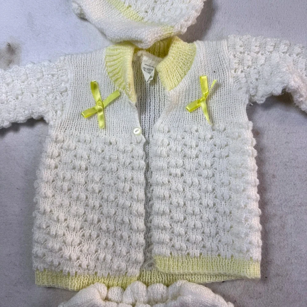 Crochet Baby Knit 3pc Set Sweater Pants Bonnet 0-3M Popcorn Vintage Cottagecore
